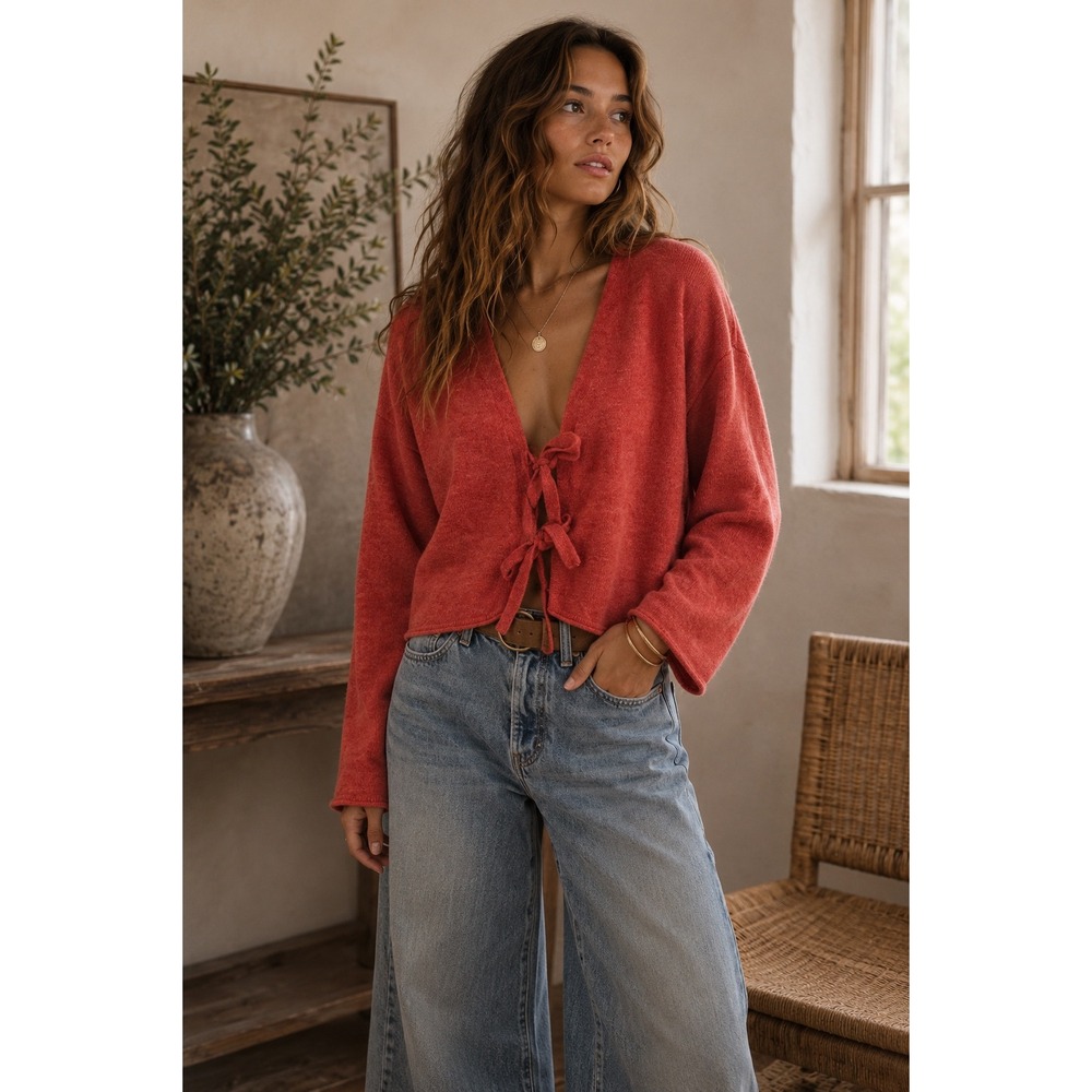 Double Zero Coral Tie Front Cropped Cardigan Sweater Wool Blend DZ22F851 Large
